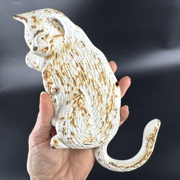 Vintage Cast Iron Cat Wall Hook Key Coat Hanger Rustic White Rusty Patina - Picture 6 of 12